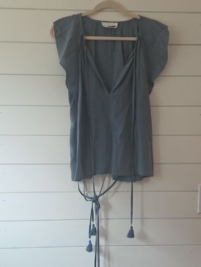 Chloé- Light Slate Blue V-Neck Tassel Tie Women’s Top